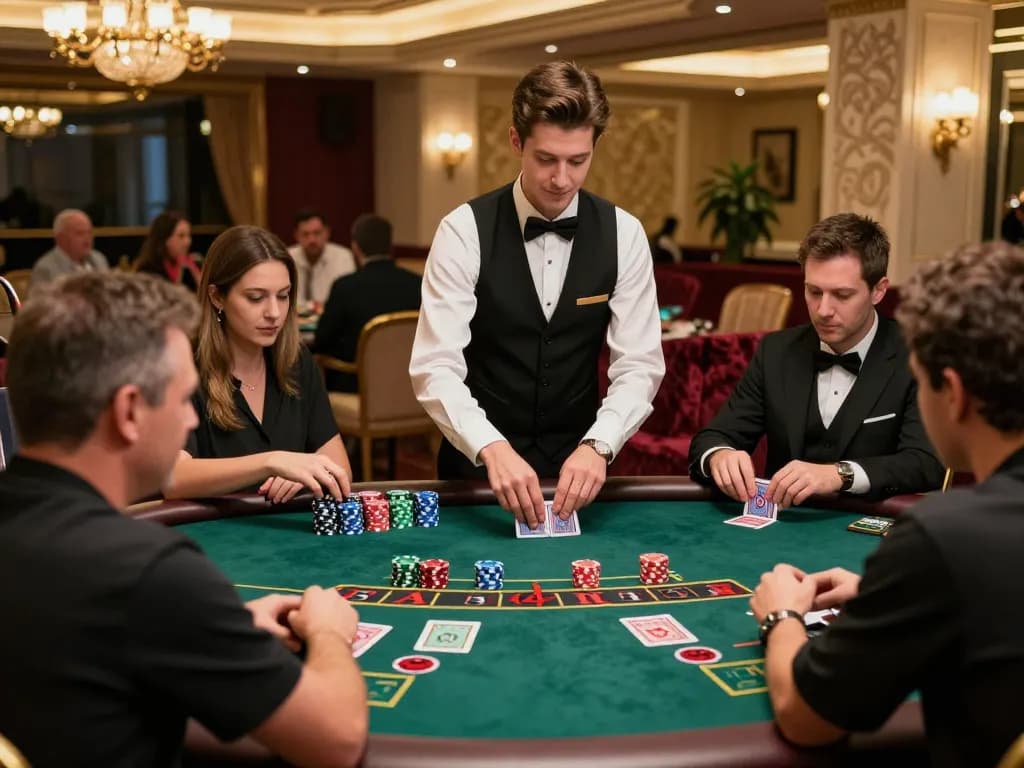 Players enjoying blackjack at me99 casino, showcasing a live dealer and elegant atmosphere.