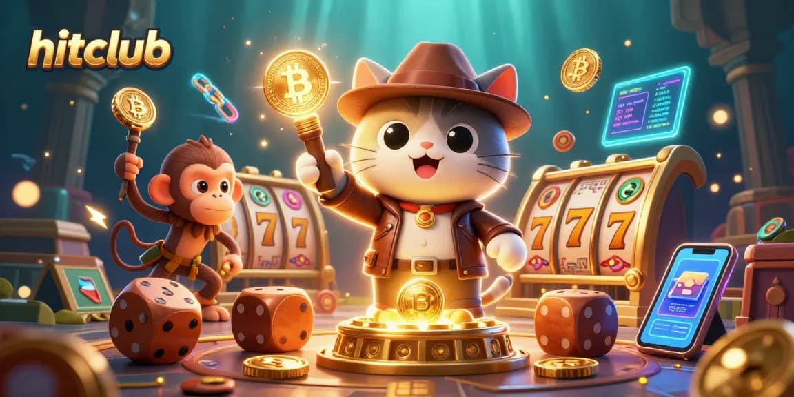 Engage with hitclub's vibrant casino adventure featuring a cartoon archaeologist cat and crypto treasures.