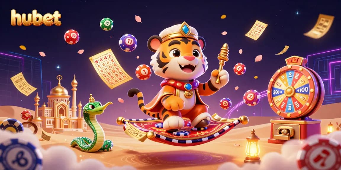 Experience the excitement of hubet with a dynamic casino-themed 3D illustration showcasing vibrant game elements.