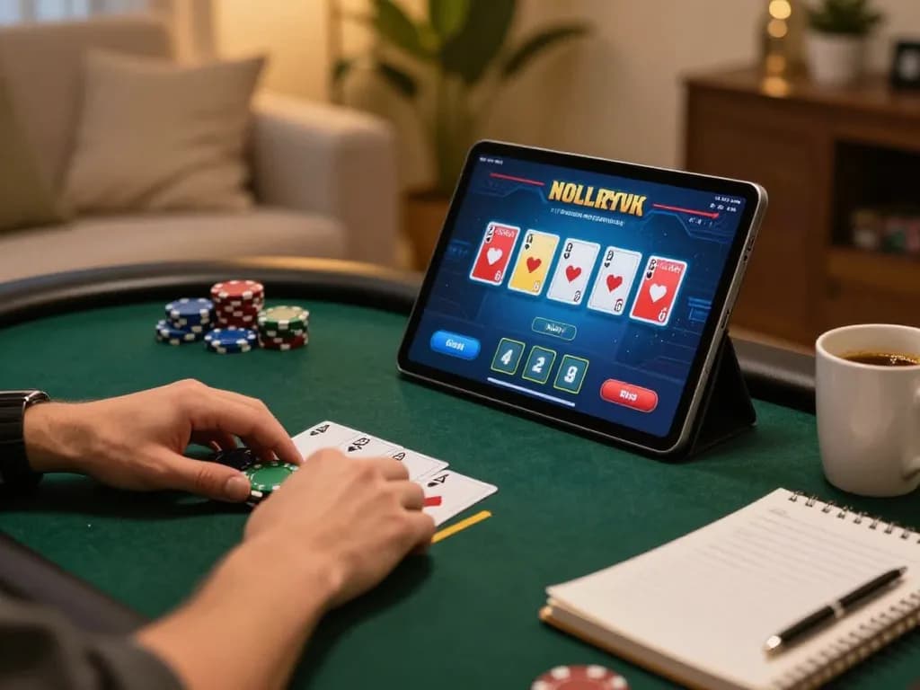 Engaged player betting in fabet online poker game on a tablet in a cozy home setting.
