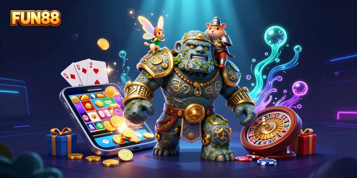 Spin the reels at FUN88 with magical characters and exciting gambling elements in this vibrant scene.