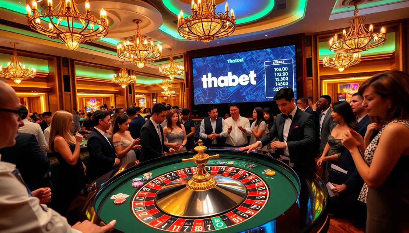 Thabet casino scene with players at a luxurious roulette table, showcasing vibrant gaming excitement.