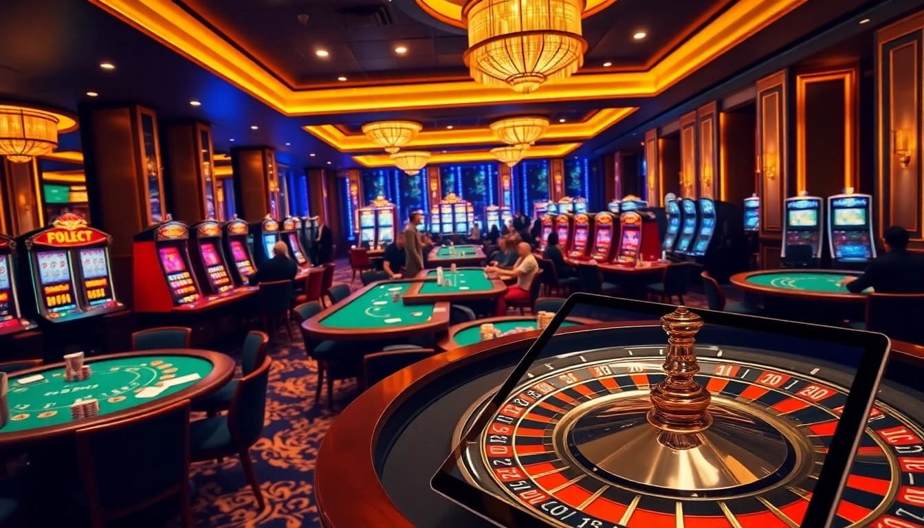 Experience thrilling gameplay at 69VN with exciting poker tables and vibrant slot machines in a luxurious casino.