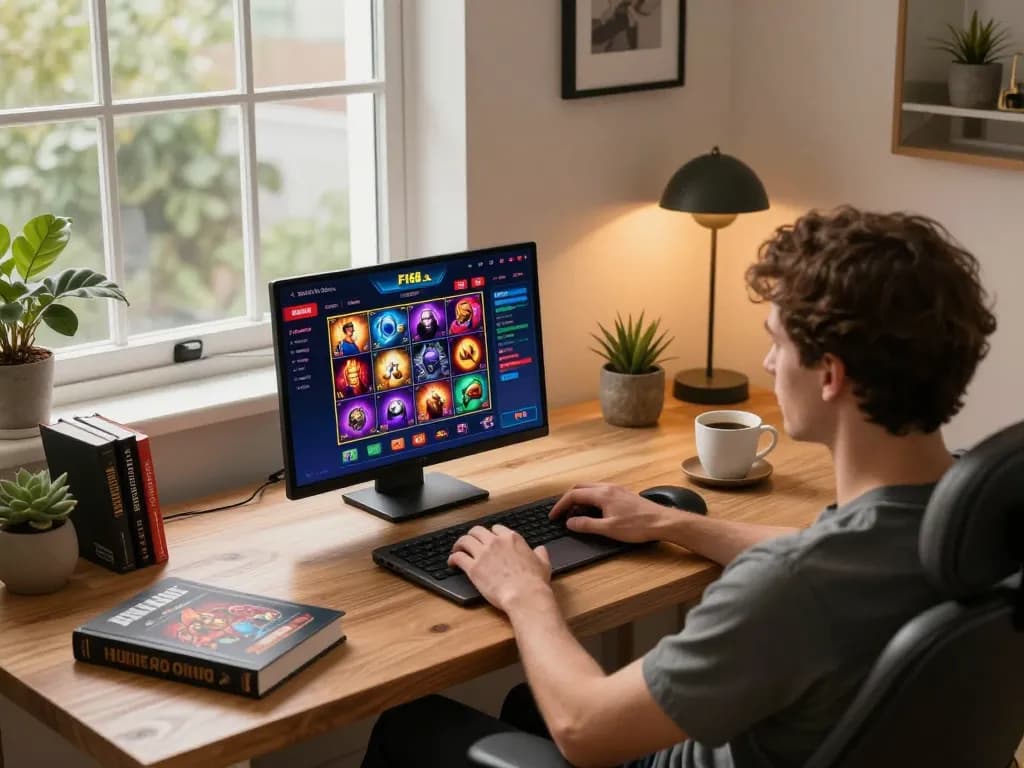 Engaging online gambling experience with F168 slots on laptop in comfortable home office