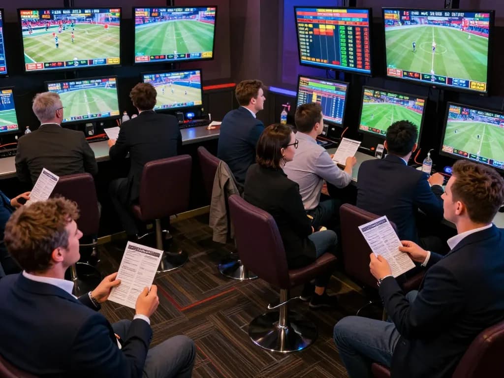 Engaging bettors analyzing Link Resmi Parlay Golbos in a lively sports betting lounge, showcasing excitement and high stakes.