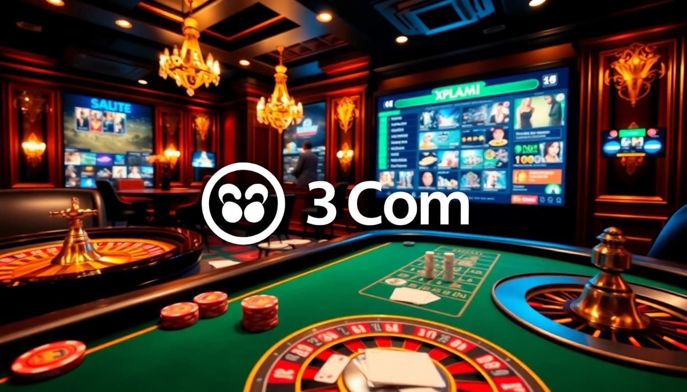 P3 Com immersive online casino experience with poker chips, a roulette wheel, and a vibrant gaming screen.