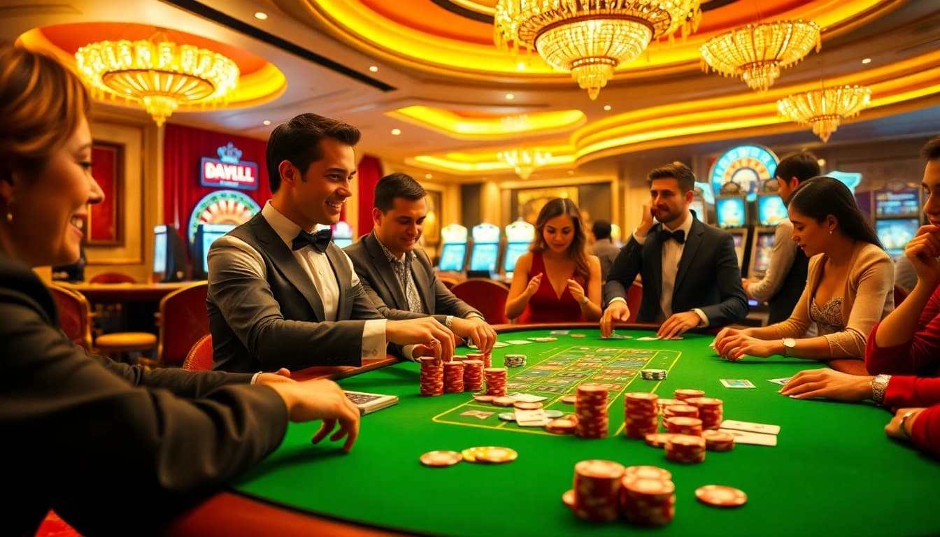 Players engaging at a vibrant poker table in a luxurious casino atmosphere showcasing 22JL gaming excitement.
