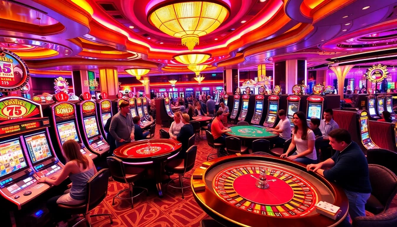 The luxurious casino scene at https://f168.tools/ showcasing intense gameplay with players at slot machines and poker tables.