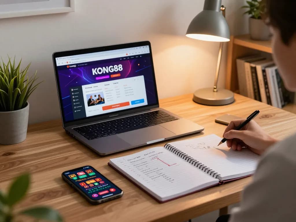 Engaging online gameplay on Trang chủ KONG88 with strategic notes and smartphone nearby