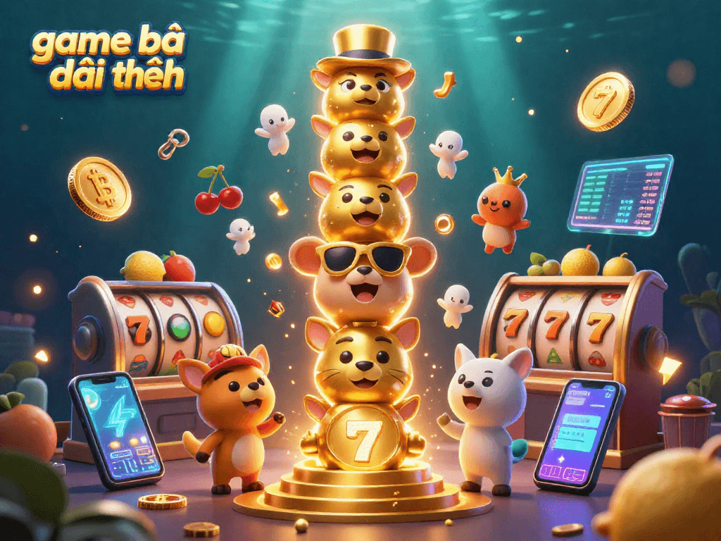 Engage in game bài đổi thưởng with vibrant symbols, crypto coins, and a lively casino atmosphere.