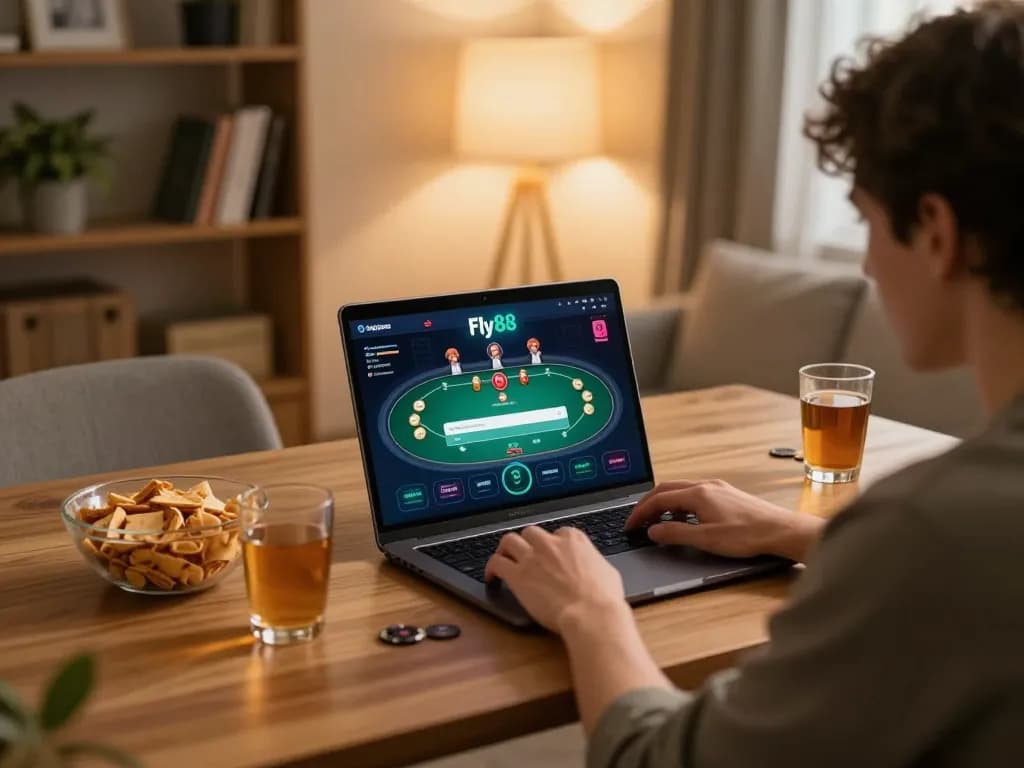 Engaging with fly88 đăng nhập on a laptop, enjoying online poker in a cozy home setting.