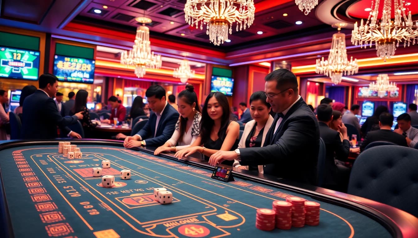 Tài xỉu sunwin action captured with players engaging at a vibrant casino table.