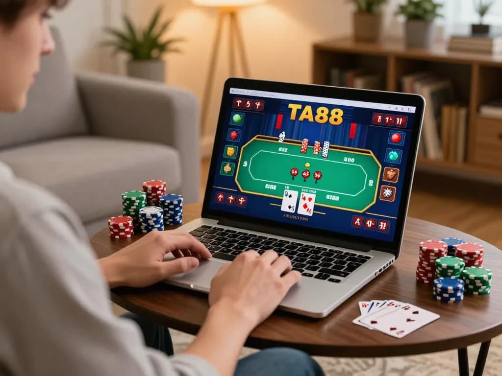 Player engaging with TA88 casino games on laptop in a cozy home setting.