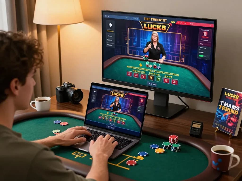 Chơi trò chơi casino trực tuyến LUCK8 trên một chiếc laptop thời trang với các chip màu sắc và không gian ấm áp.