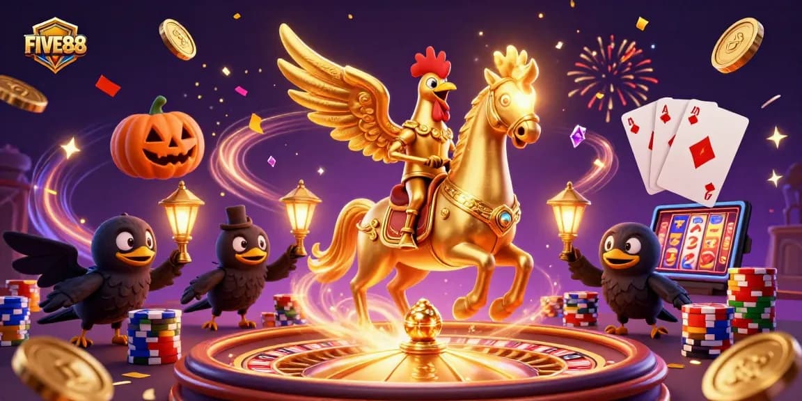 FIVE88 rewards players in a magical casino scene with dynamic game elements and golden treasures.