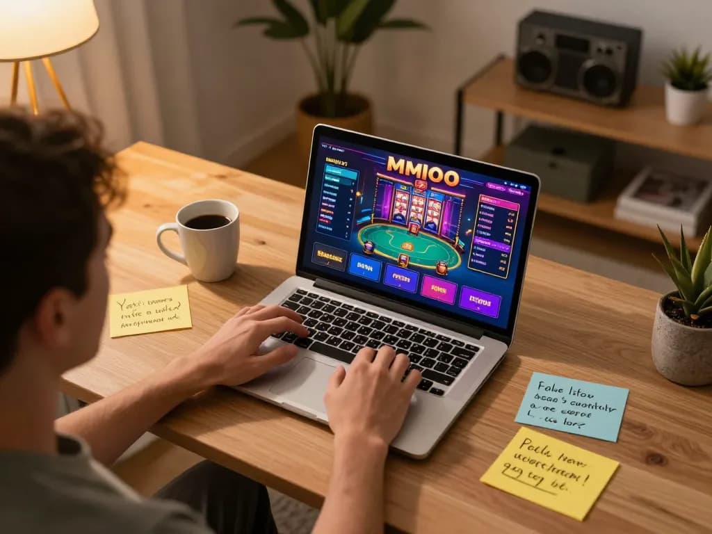 Engaged in MMOO online casino gaming at home, showcasing vibrant colorful gameplay.