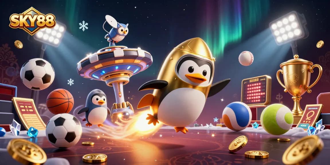 Engage with SKY88's thrilling online casino experience, featuring a golden penguin and dynamic sports elements.