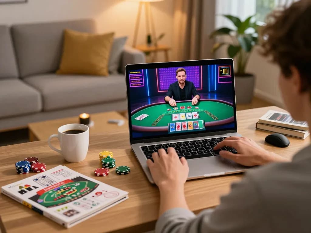 Engaging online blackjack gameplay on FIVE88 displayed on laptop, creating an inviting home gaming atmosphere