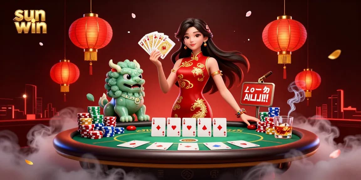 Engage in thrilling gameplay with sun win as an elegant woman holds golden playing cards surrounded by vibrant casino elements.