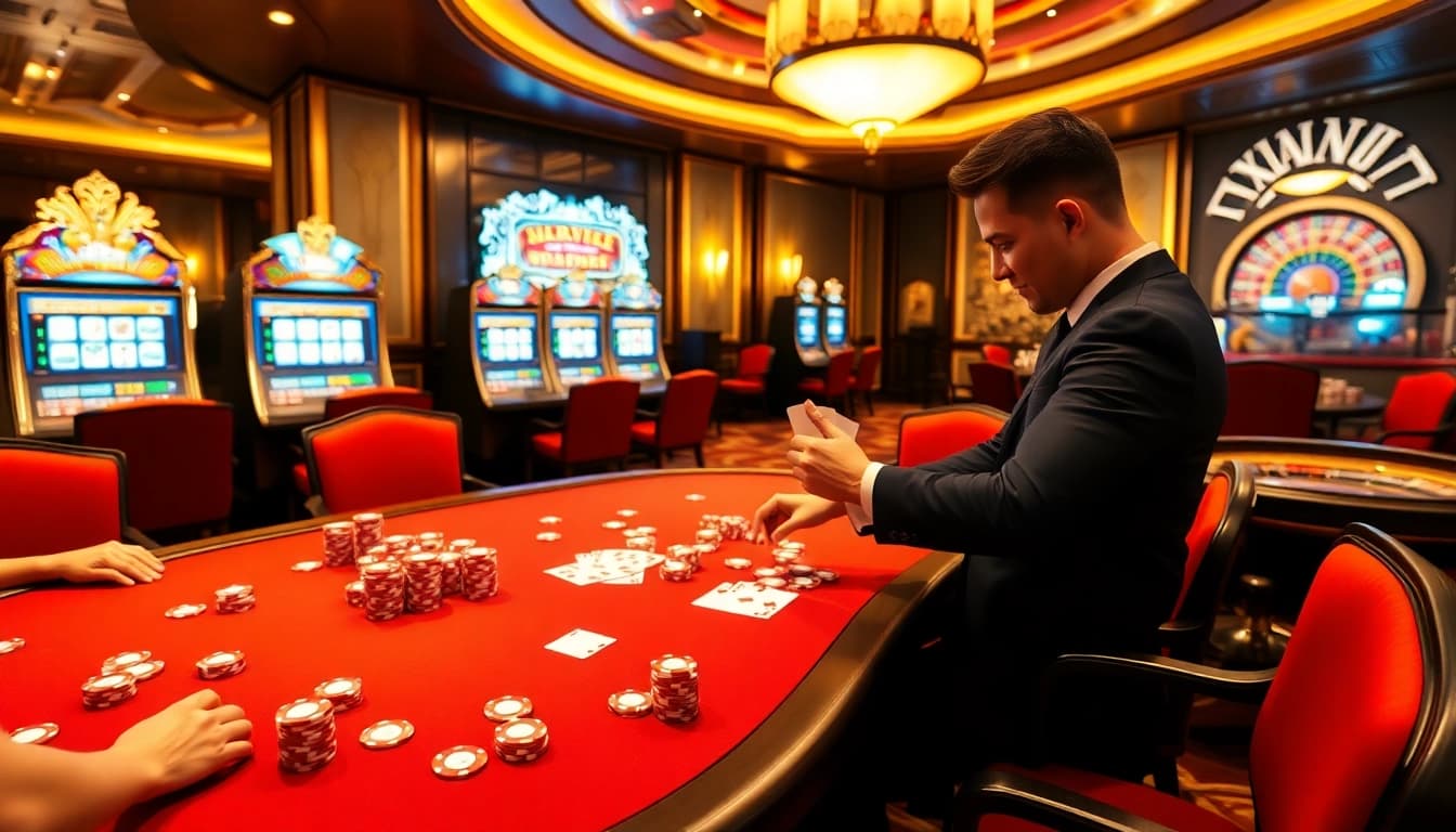 Experience excitement at Game bài 69VN with players enjoying strategic poker gameplay in a luxurious casino setting.