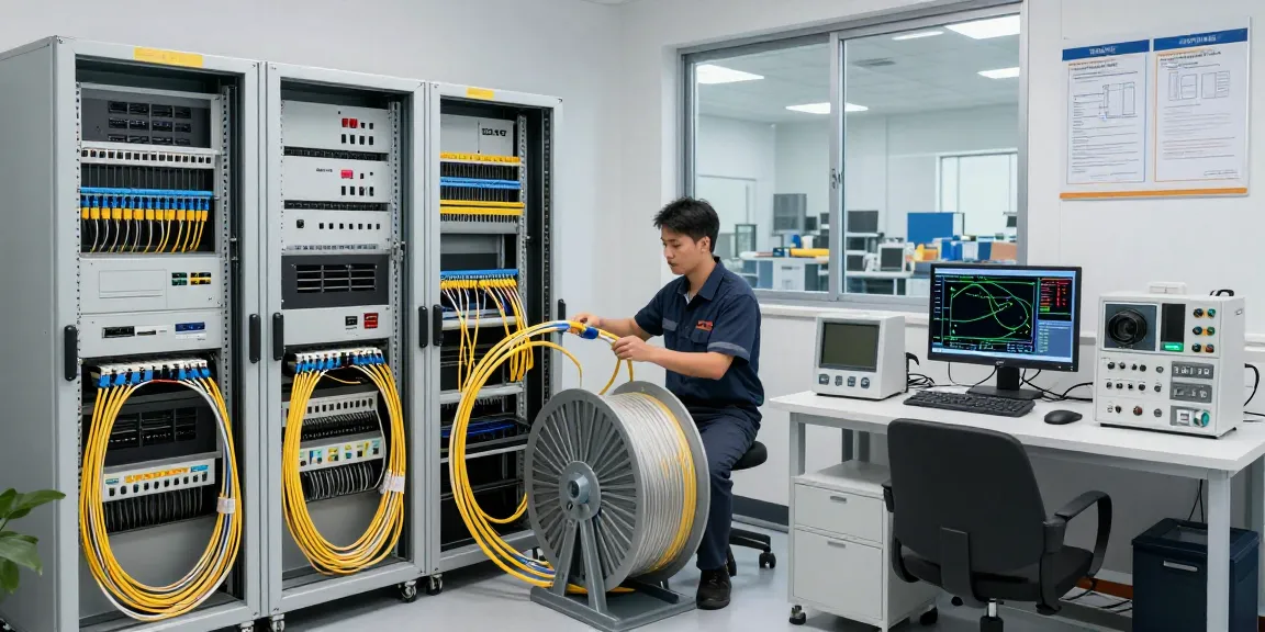 Fiber optic distributor inspecting cables in a modern warehouse setting, showcasing precision connectivity solutions.