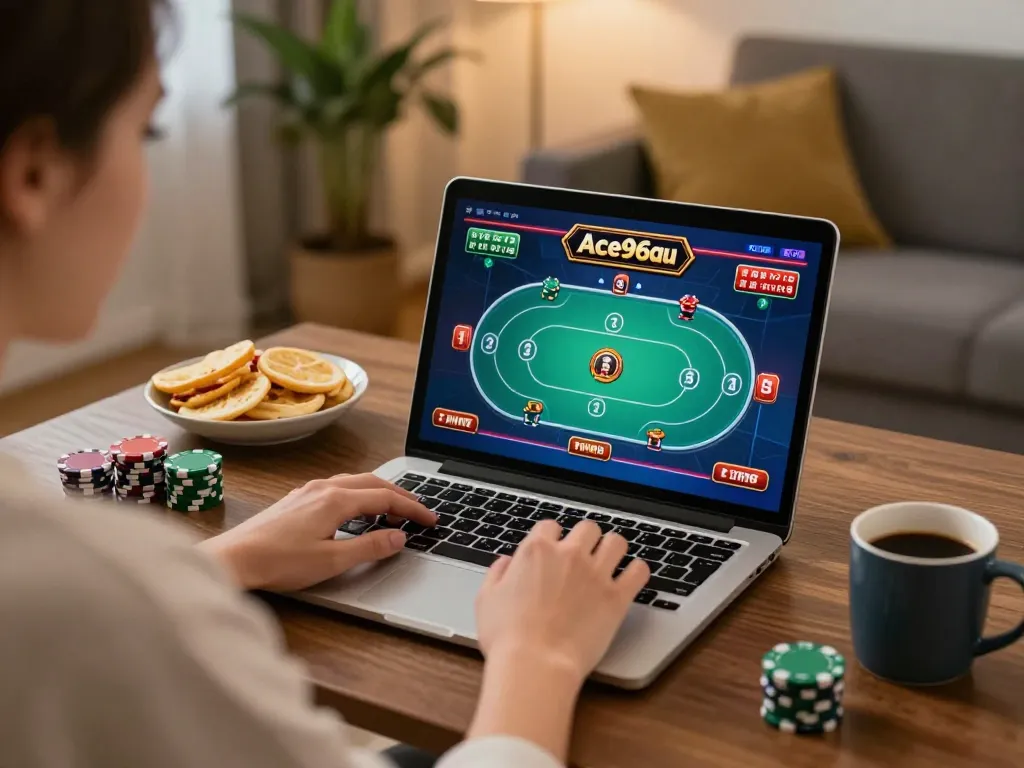 A gambler enjoys playing on Ace96au's vibrant poker game from the comfort of home.