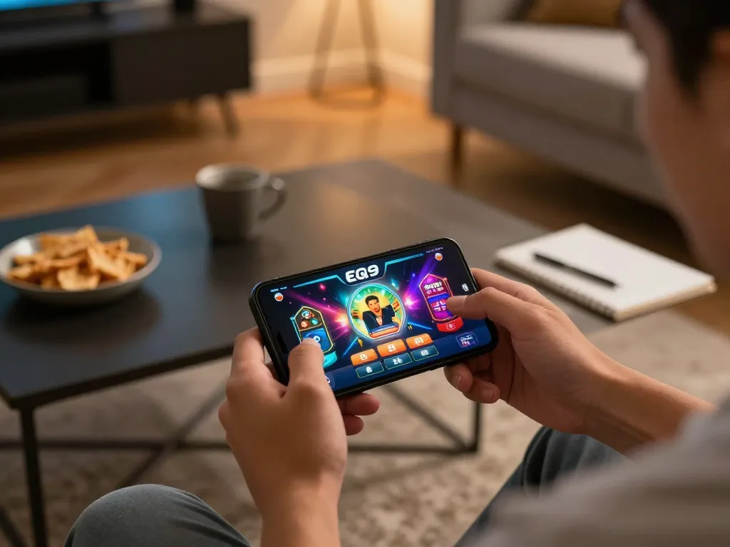 Engaging with the EQ9 casino app on a smartphone in a cozy home setting, showcasing mobile gaming.