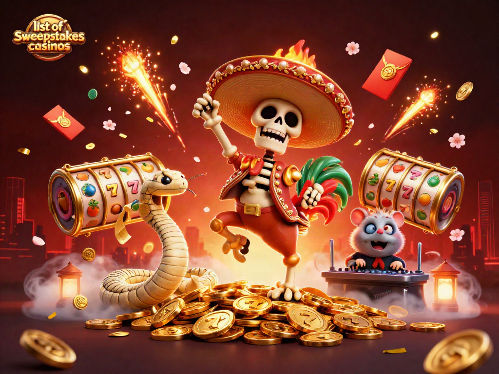 Experience fun at the list of sweepstakes casinos with a vibrant 3D casino illustration featuring festive characters.