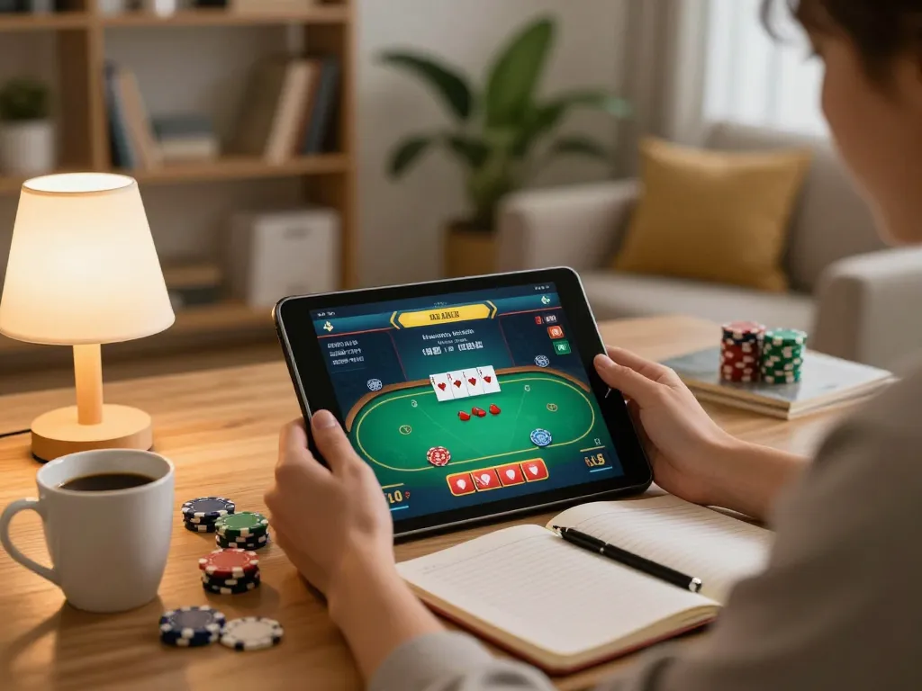 Người tham gia cá cược trực tuyến poker trên máy tính bảng với giao diện trò chơi 12bet trong không gian ấm cúng tại nhà.