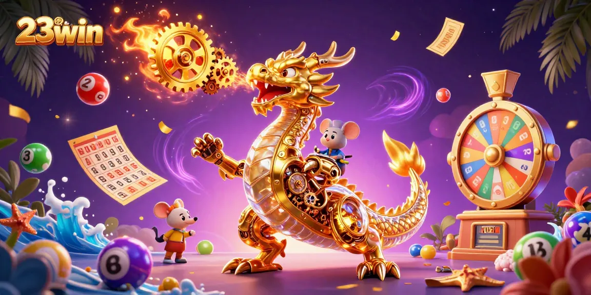 Experience thrilling wins with 23win's vibrant lottery and gaming elements in a captivating visual scene.