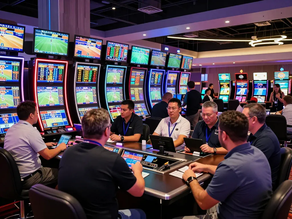 Betting excitement unfolds as TA88 bettors engage at a bustling sports betting counter.
