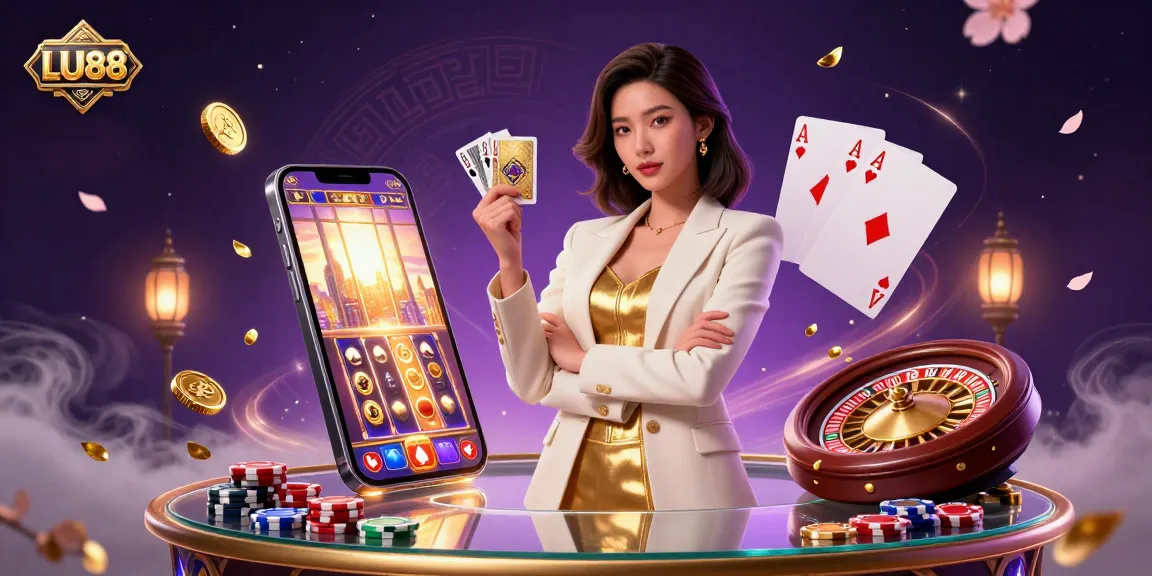 Experience immersive gaming at LU88 with an elegant woman holding golden cards and vibrant casino elements.