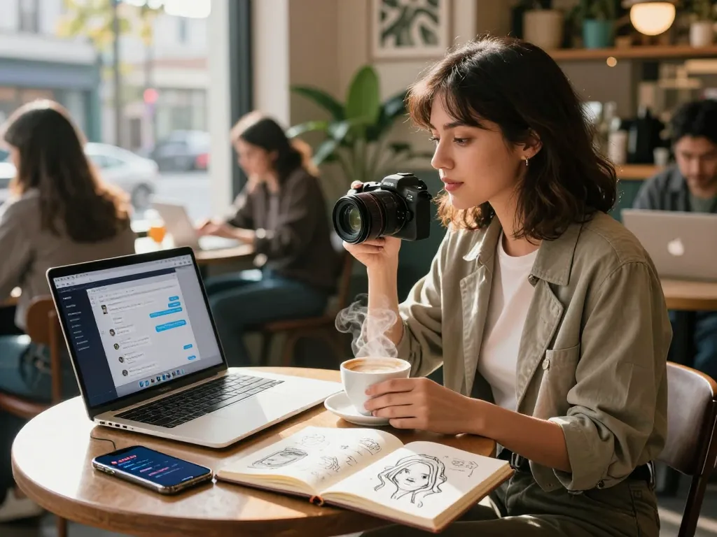 An engaging urban lifestyle scene showcasing a young woman interacting with her AI slut virtual assistant in a vibrant café.