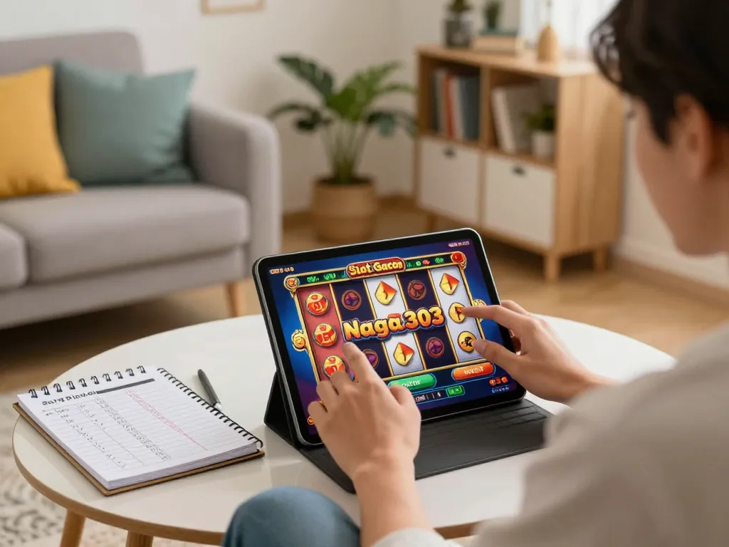 Engaging gameplay of Slot Gacor Naga303 on a tablet, showcasing vibrant slot reels.