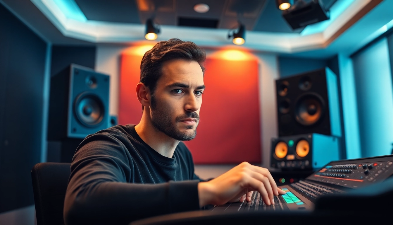 Capture the essence of online mastering with a professional audio engineer immersed in a modern studio environment, showcasing expertise and creativity.