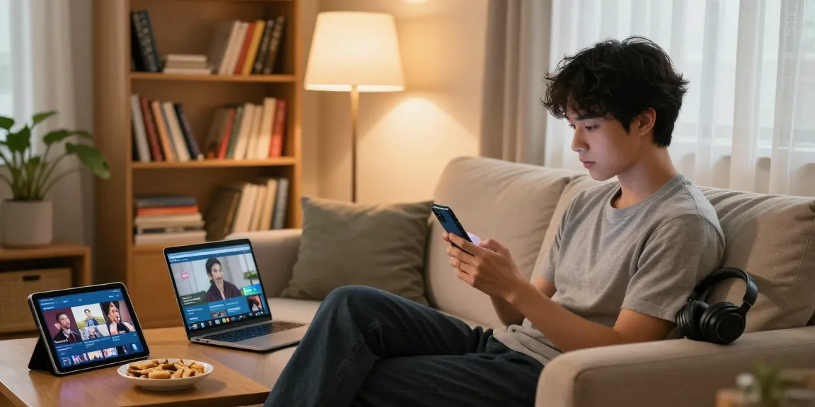 Enjoying the Vidmate APK on a smartphone in a cozy living room setting.