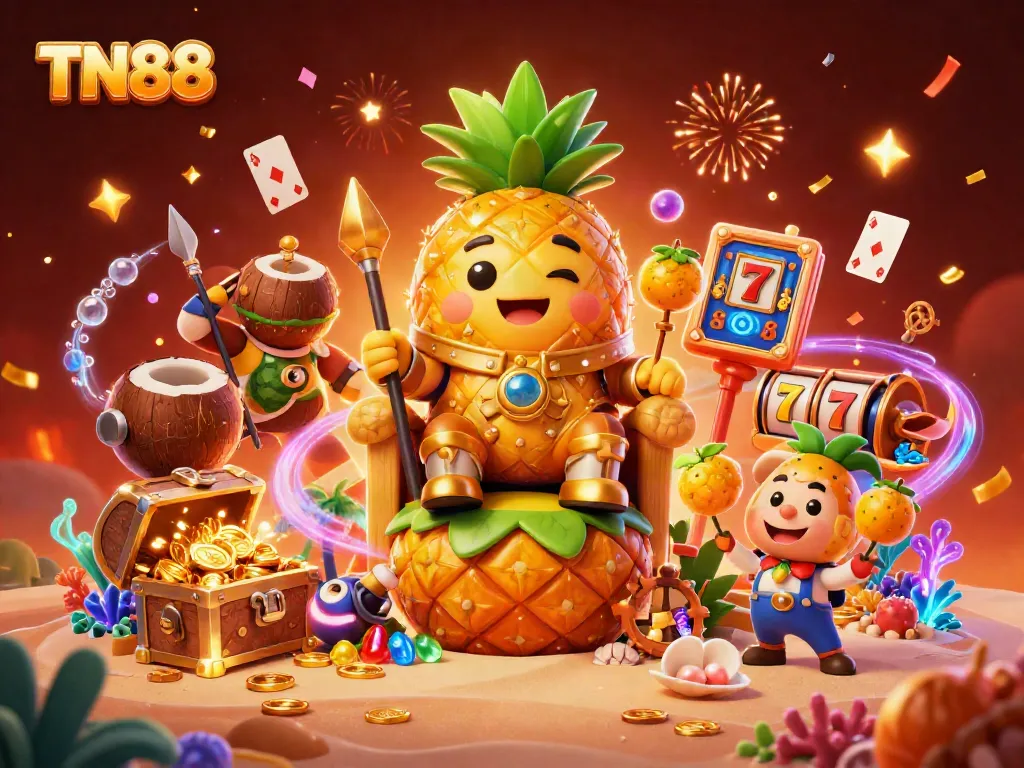 Experience the vibrant world of TN88 with a dynamic casino scene featuring a pineapple king and gaming elements.