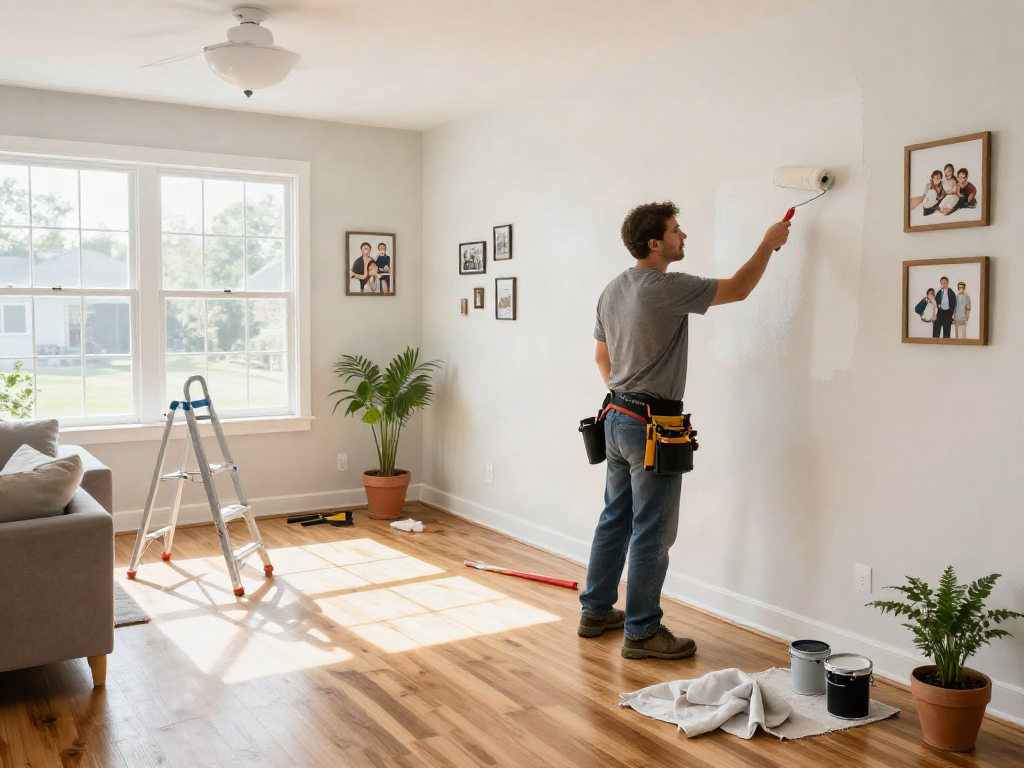 Home repair services Des Moines Iowa featured in a bright living room renovation with a contractor painting and tools displayed.