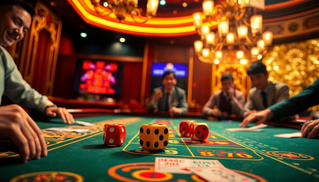 Exciting da88 tài xỉu gambling scene with vibrant dice and colorful betting slips.