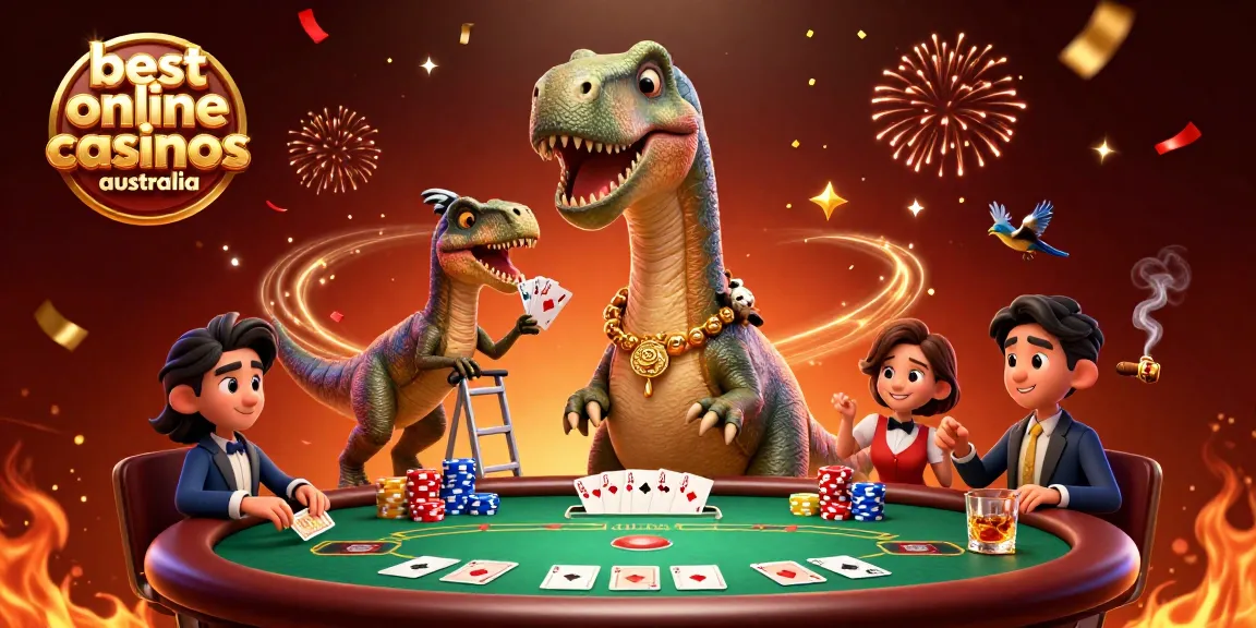 Engage with the best online casinos Australia through a vibrant 3D dinosaur card game scene.