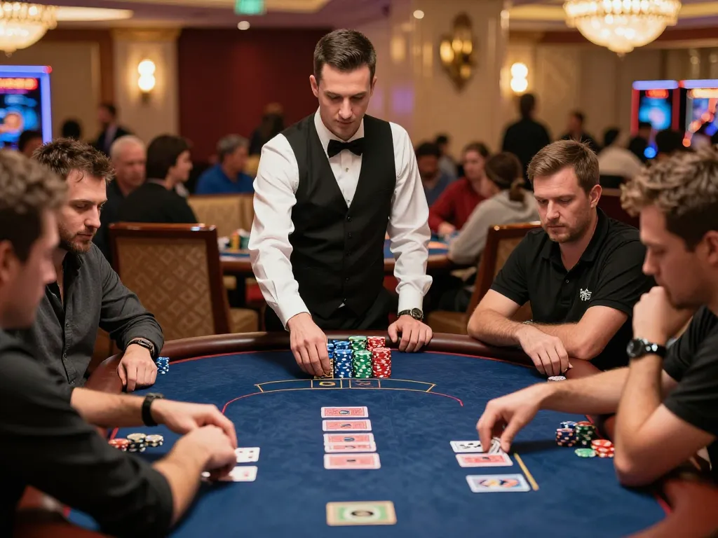 FABET poker players strategizing during a high-stakes tournament in a vibrant Las Vegas casino setting.