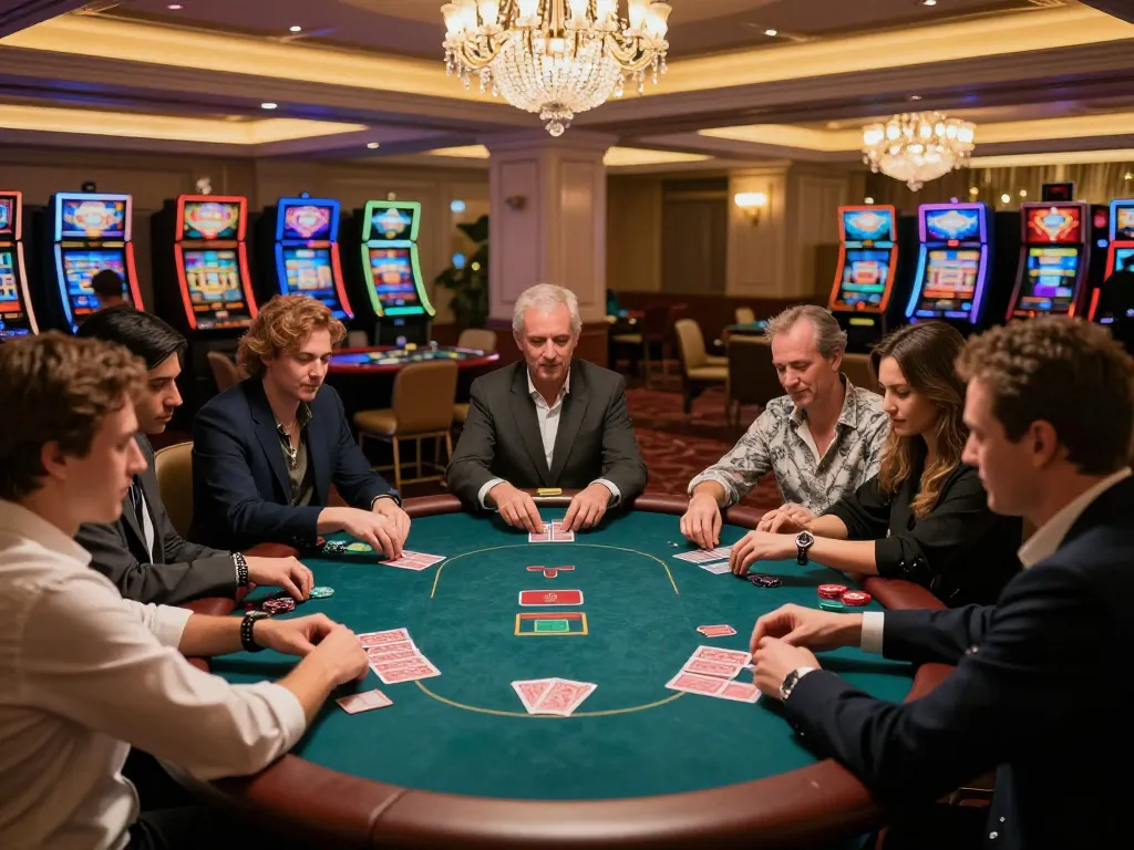 Players at 789bet poker table engaged in game strategy, vibrant casino atmosphere.
