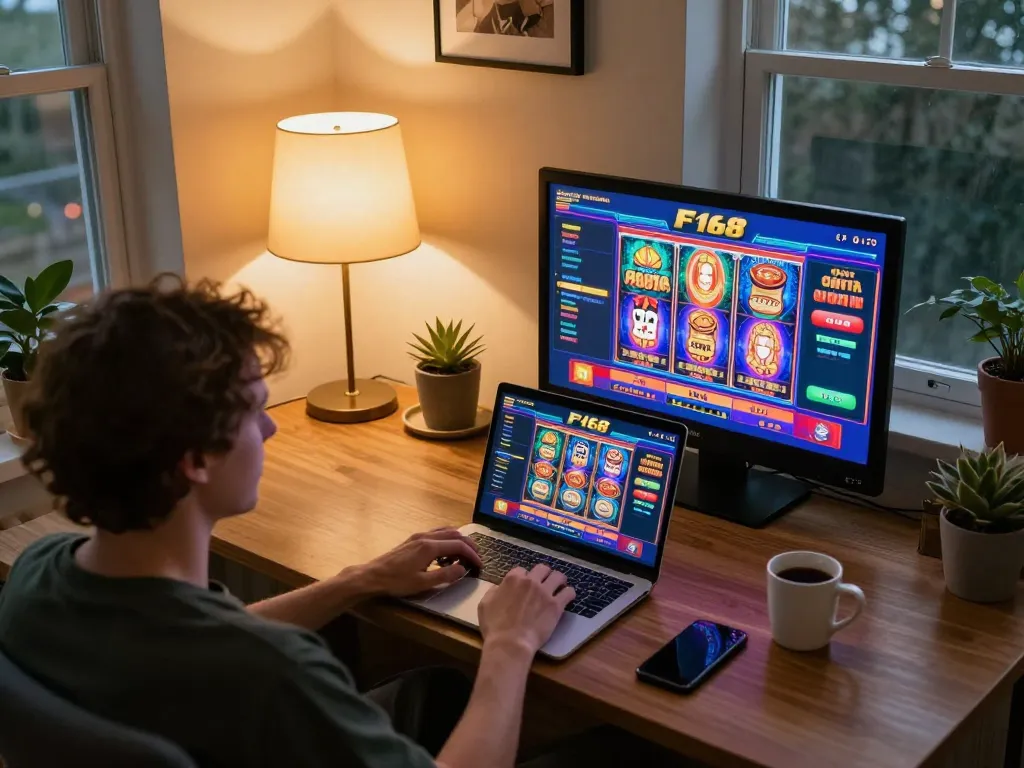 Player enjoying F168 online casino gaming at home, laptop displaying vibrant slot games