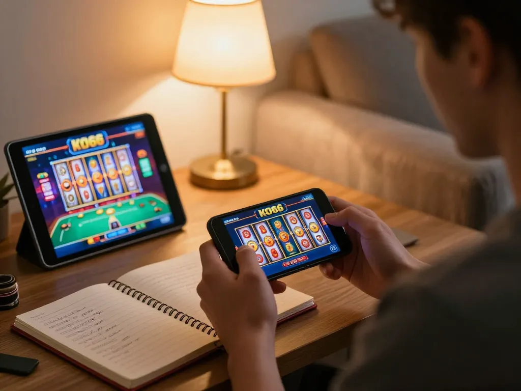 Người chơi hào hứng thưởng thức ứng dụng casino KO66 trên điện thoại thông minh trong một không gian ấm cúng tại nhà.