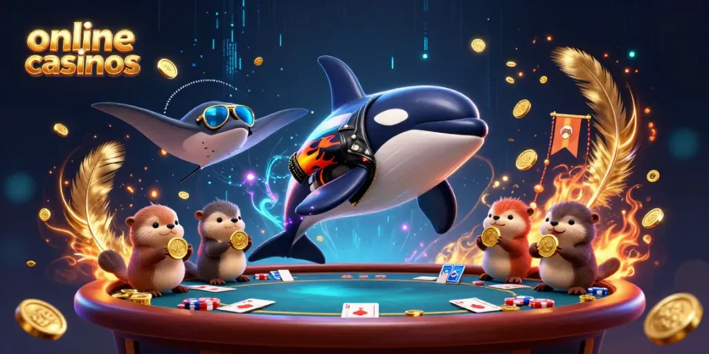 Engage in lively online casinos with a thrilling orca biker, cool stingray, and otters holding coins.