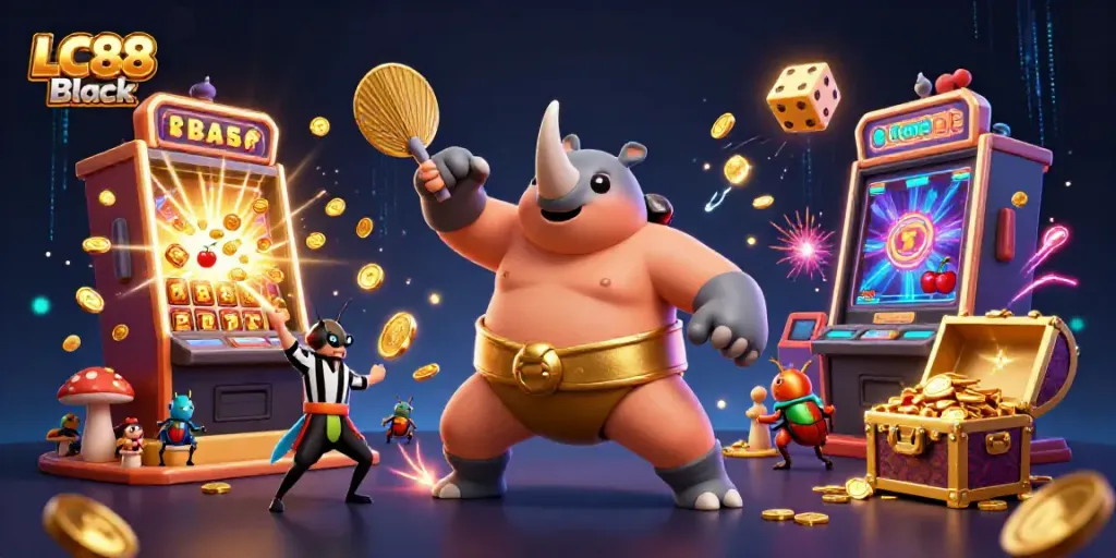 Experience thrilling gameplay with LC88 Black in a vibrant casino-themed digital illustration.