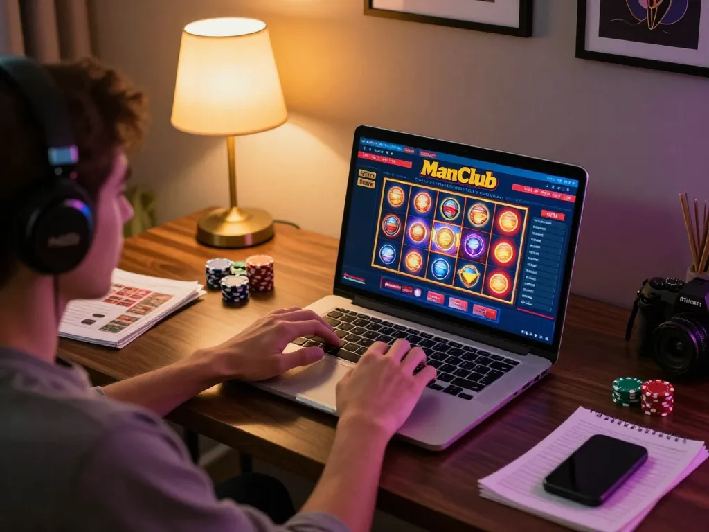 Active player engaging with ManClub online casino interface, showcasing vibrant slot game action.