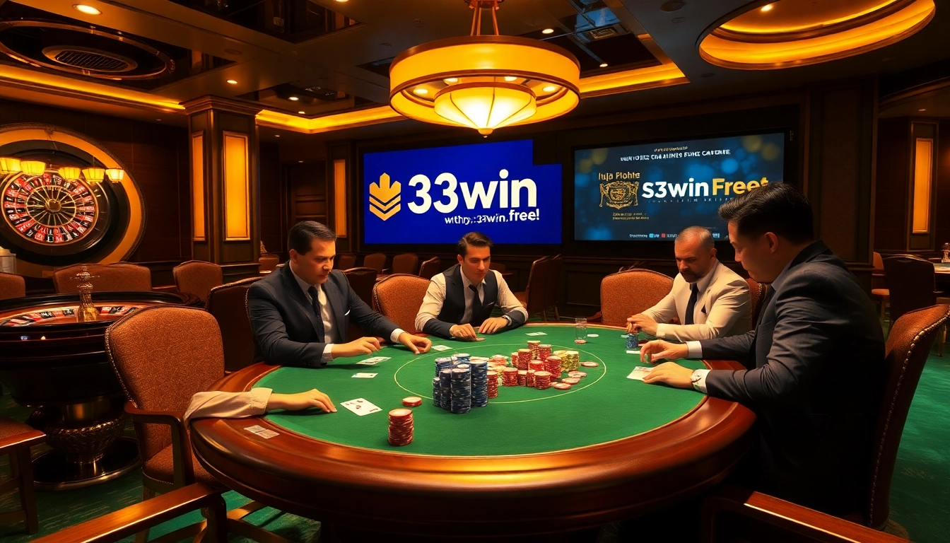 High-stakes poker game at https://33win.free/ casino, showcasing excitement and luxury.
