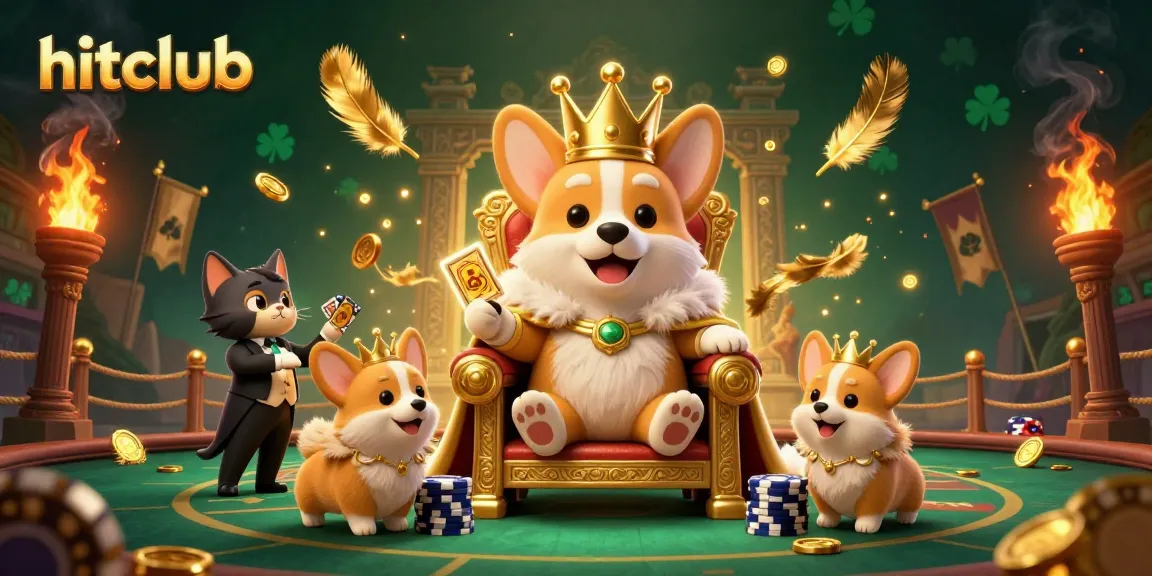 Join the hitclub with a royal corgi and cat butler in a vibrant casino atmosphere.