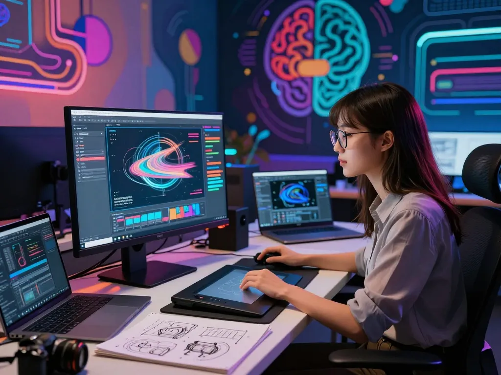 AI motion control workspace showcasing a woman engaged in creative mind control concepts with vibrant digital graphics.